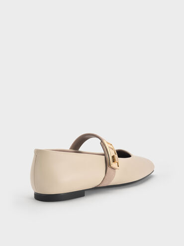 Sepatu Flats Mary Jane Metallic-Buckle Lando Two-Tone, Chalk, hi-res