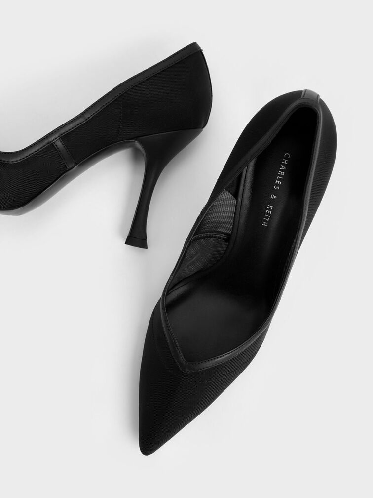 Sepatu Pumps Mesh Pointed-Toe, Black, hi-res