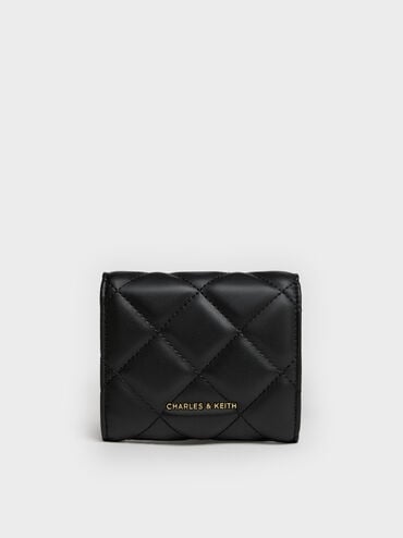 Dompet Quilted Bow-Heart Charm Curved-Flap Arrietty, Black, hi-res