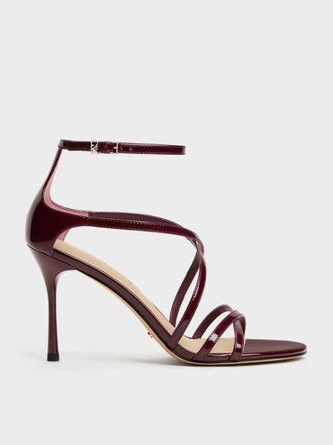 Sandal Stiletto Strappy Leather Patent, Burgundy, hi-res