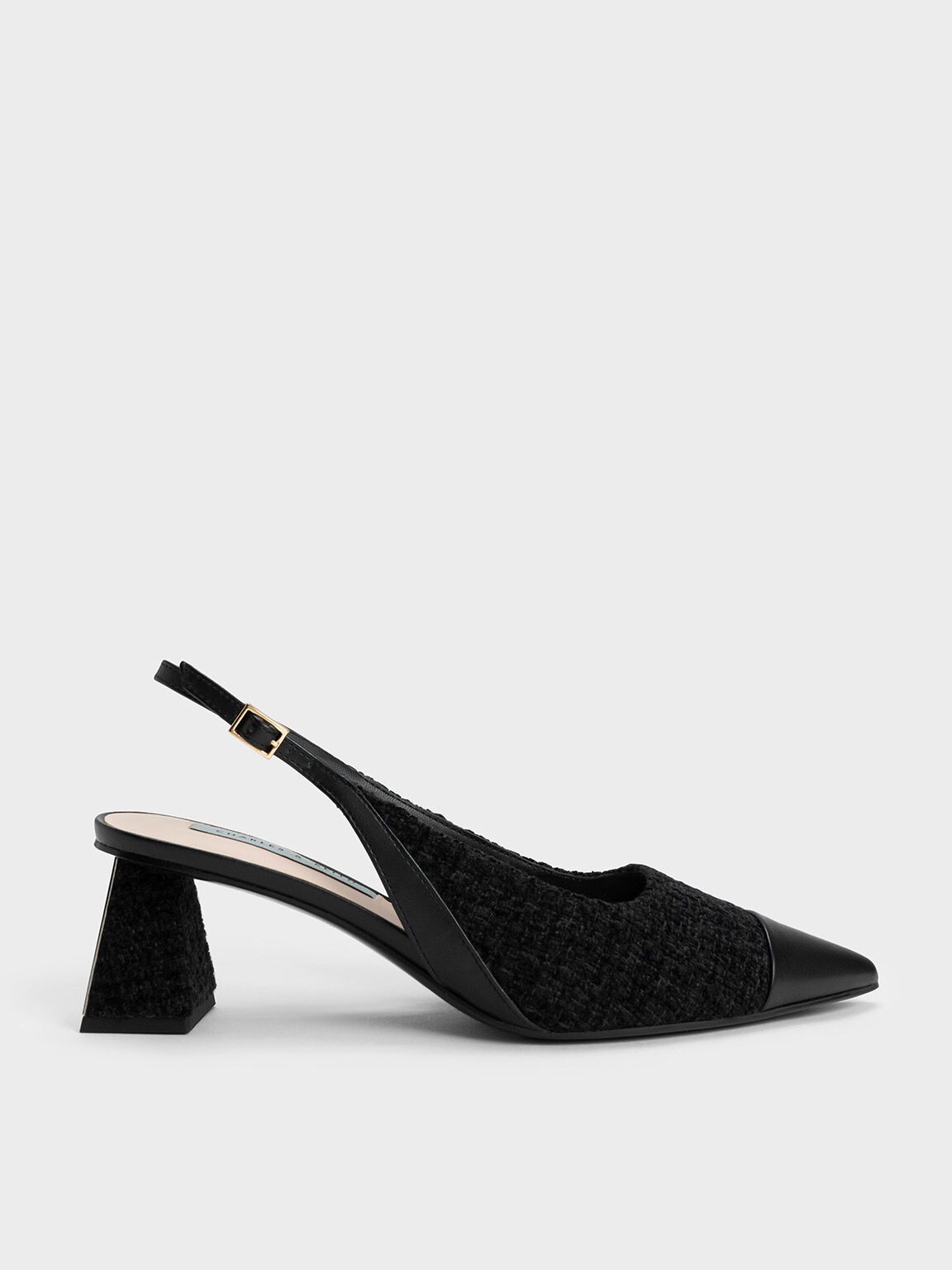Sepatu Pumps Slingback Toe Cap Tweed, Black Textured, hi-res