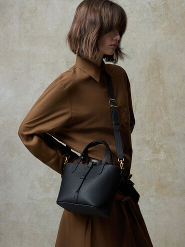 Tas Bucket Belted Double-Handle Recycled Leather Beryl, Black, hi-res