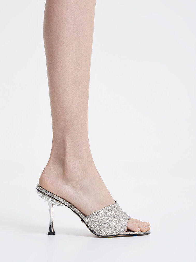 Sepatu Mules Demi Glittered Metallic Heel, Silver, hi-res