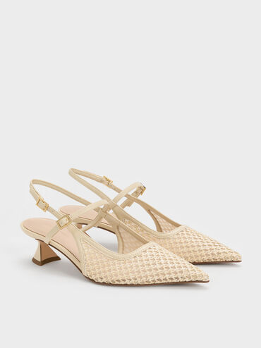 Sepatu Pumps Slingback Sculptural-Heel Raffia, Beige, hi-res
