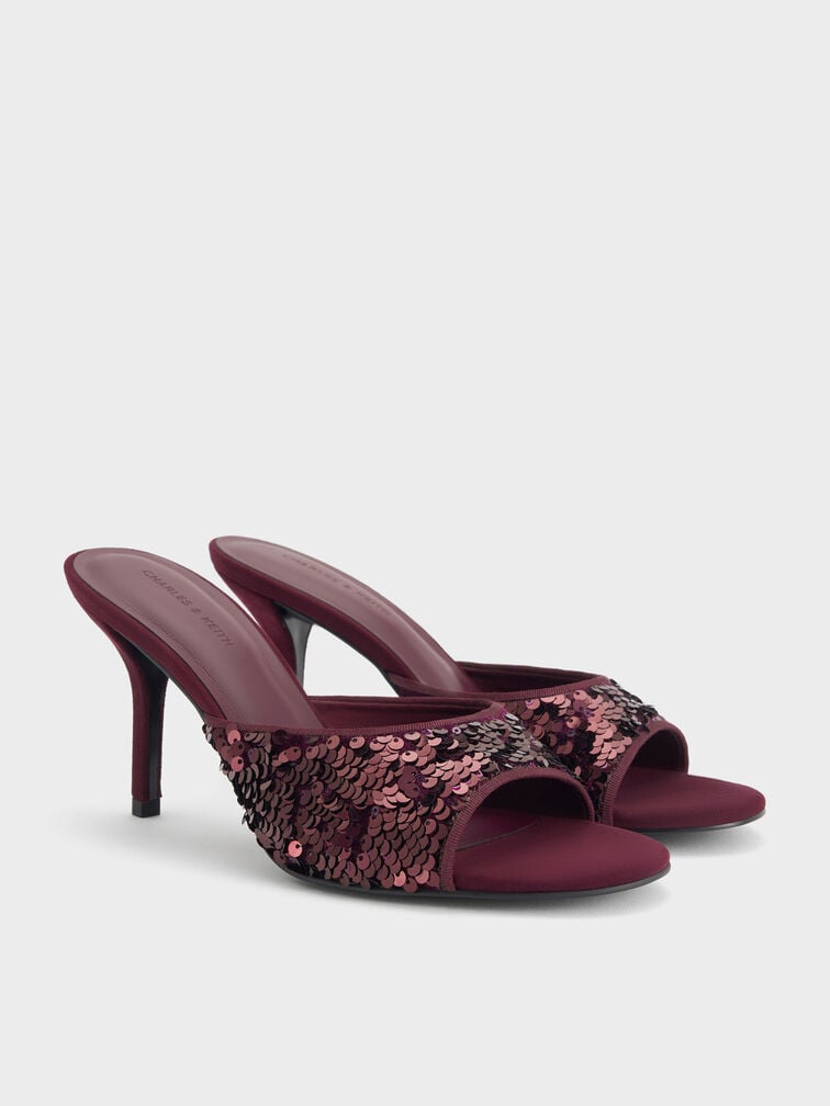 Sepatu Mules Stiletto-Heels Sequinned, Burgundy, hi-res