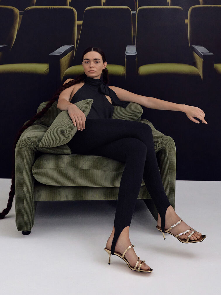 Sandal Heeled Gem-Bow Jessy Leather, Gold, hi-res