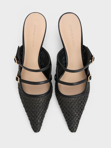 Sepatu Mules Pointed Sculptural-Heel Raffia, Black Textured, hi-res