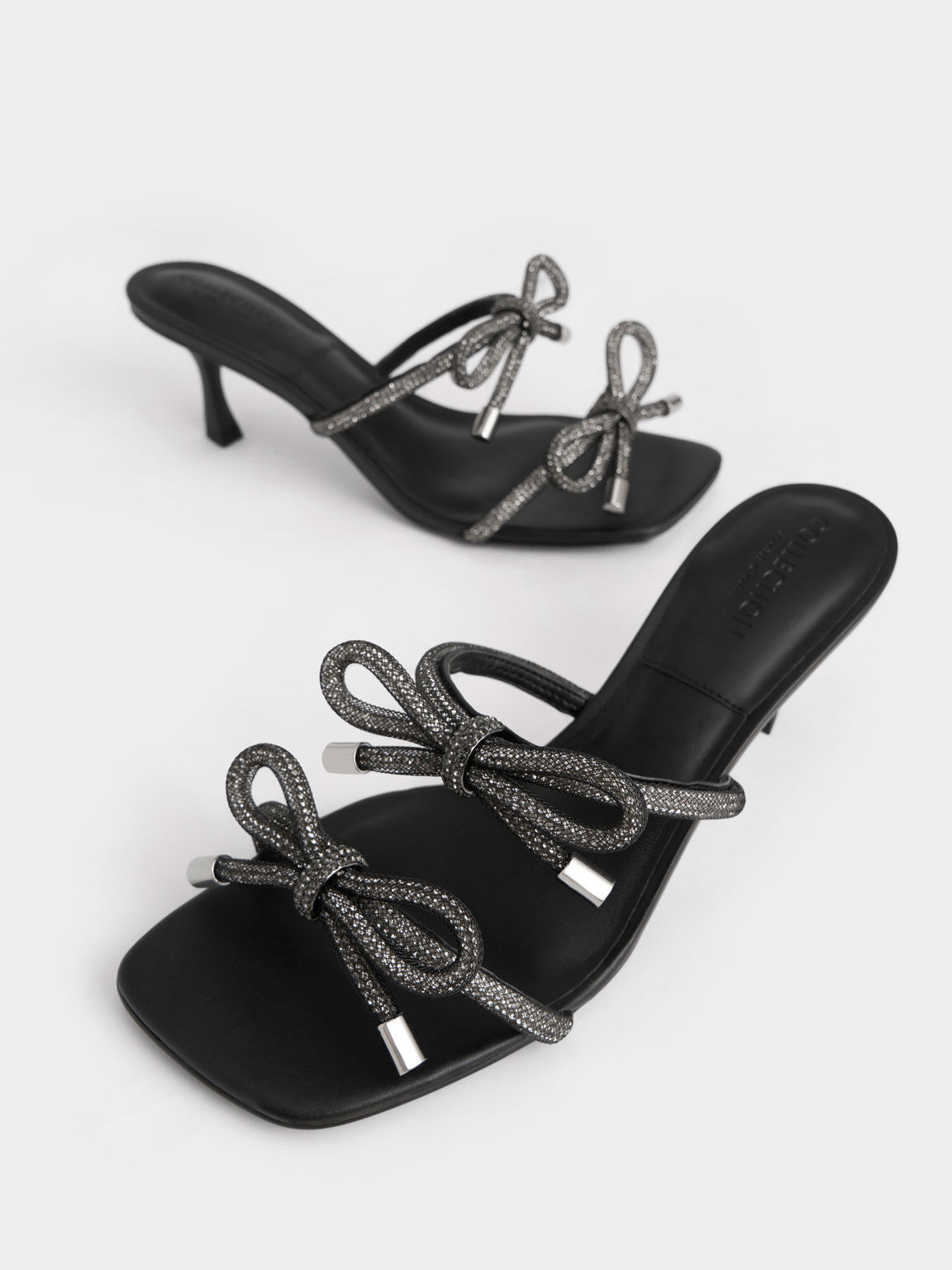 Sandal Mules Gem-Embellished Bow-Tie, Black, hi-res