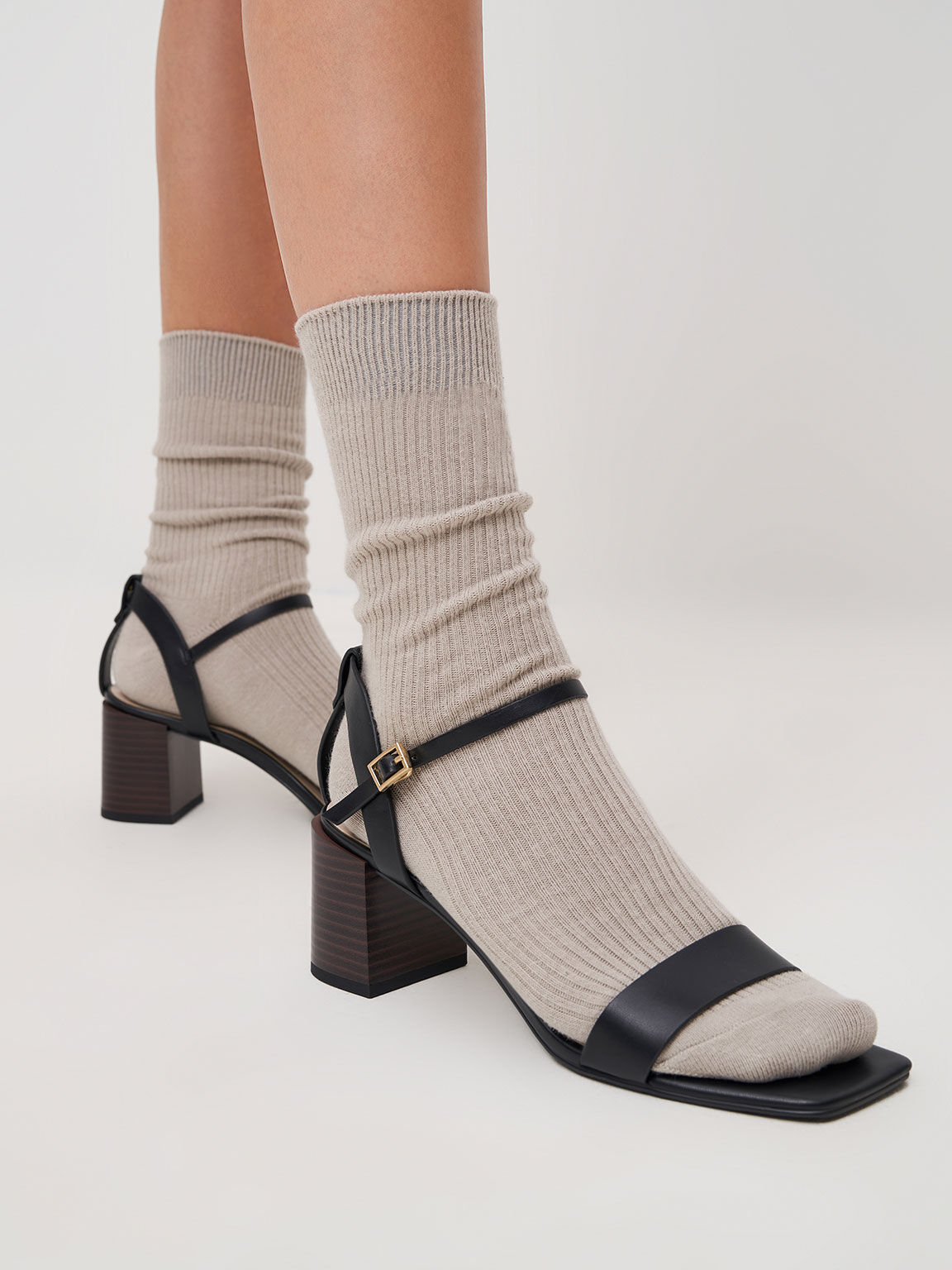 Sandal Ankle Strap Stacked Heel, Black, hi-res