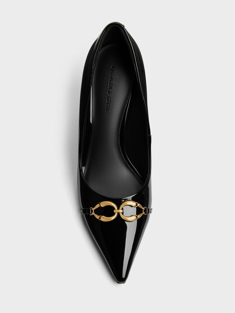 Patent Metallic-Buckle Pointed Pumps, Black Patent, hi-res