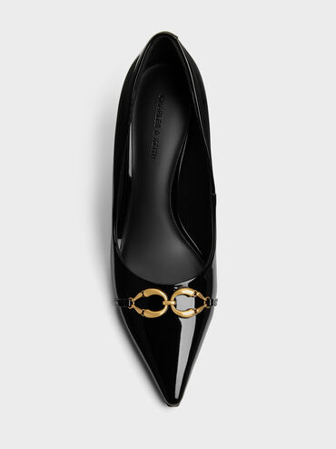 Sepatu Pumps Pointed Metallic-Buckle Patent, Black Patent, hi-res