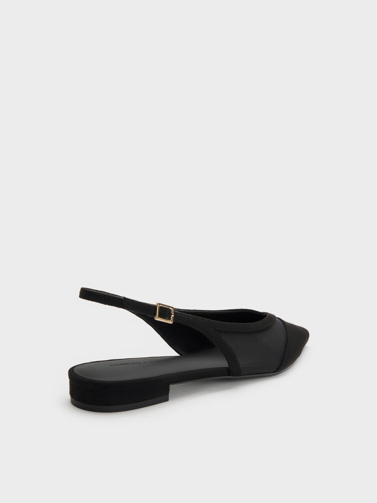 Sepatu Flats Slingback Suede & Mesh Faux, Black Textured, hi-res