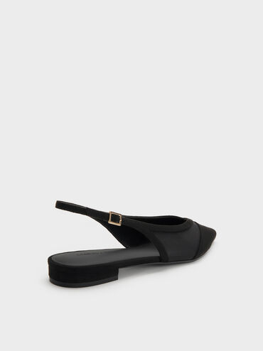 Sepatu Flats Slingback Suede & Mesh Faux, Black Textured, hi-res