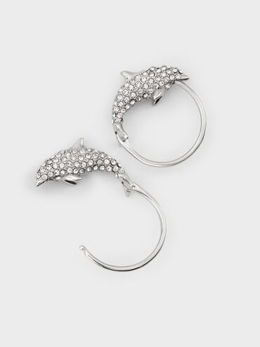 Anting Crystal-Hoop Dolphin Delfina, Silver, hi-res