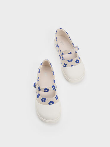 Girls' Toe-Cap Floral Print Mary Janes, Nude, hi-res