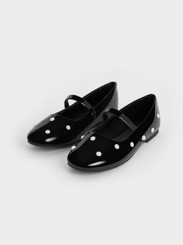 Girls' Patent Flower-Beaded Mary Janes, Black Patent, hi-res