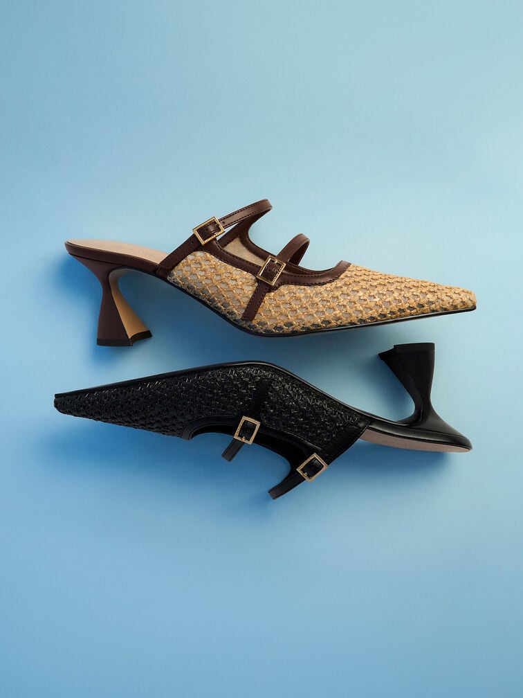 Sepatu Mules Pointed Sculptural-Heel Raffia, Dark Brown Textured, hi-res