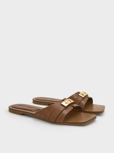 Sandal Slide Belted Metallic-Accent Lando, Cognac, hi-res