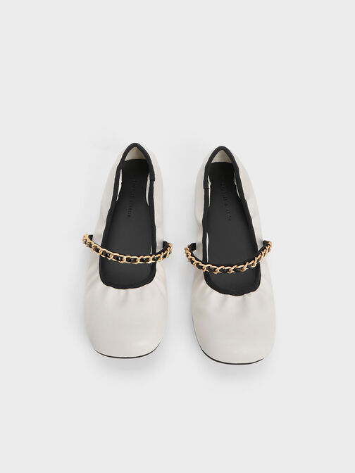 Sepatu Mary Janes Braided-Chain Strap, White, hi-res