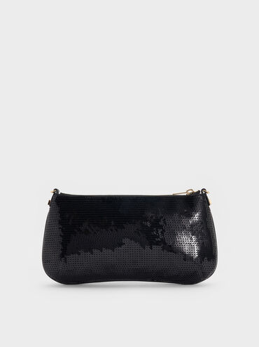 Tas Bahu Mesh & Leather Sequin, Black, hi-res
