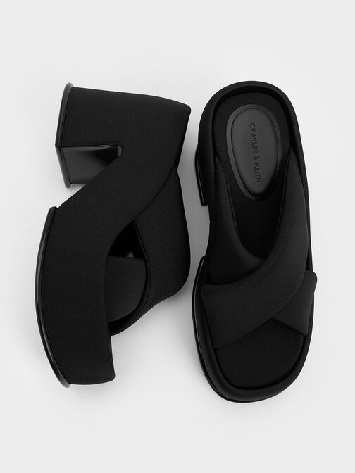 Sepatu Mules Platform Puffy-Strap Crossover Toni, Black Textured, hi-res