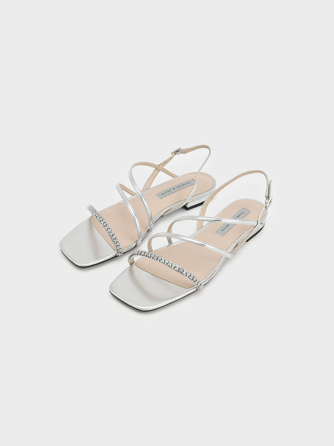 Gem-Encrusted Strappy Metallic Slingback Sandals, Silver, hi-res