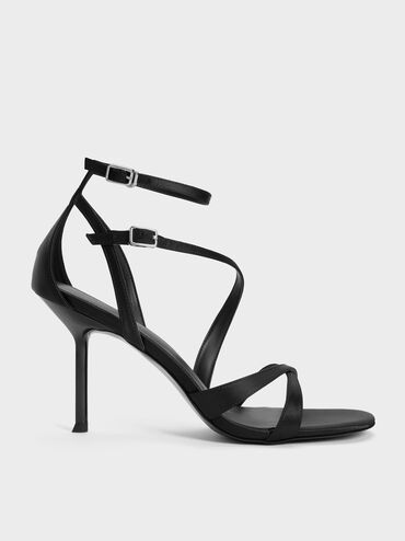 Satin Asymmetric Strappy Heeled Sandals, Black Textured, hi-res