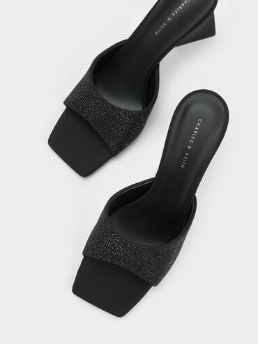 Sepatu Mules Gem-Embellished Geometric, Black, hi-res