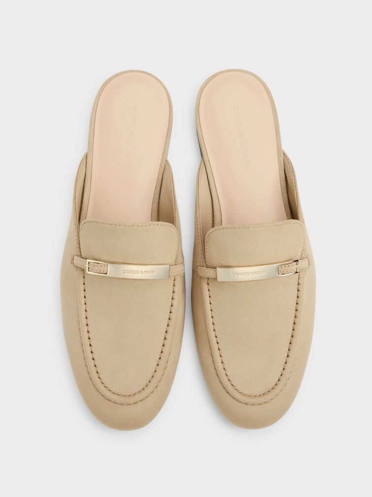 Faux Suede Metallic-Bar Loafer Mules, Beige, hi-res