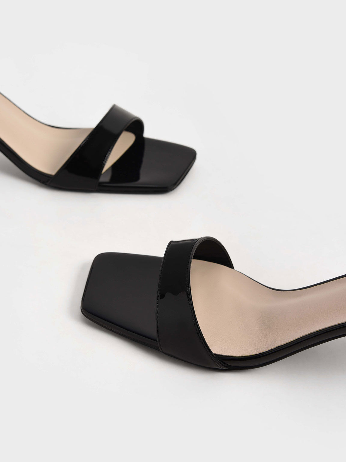 Sandal Cylindrical Heel Patent Ankle-Strap, Black, hi-res