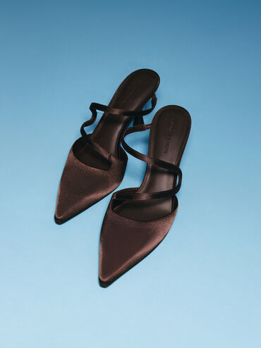 Sepatu Mules Heeled Pointed Wavy Arden Satin, Dark Brown Textured, hi-res