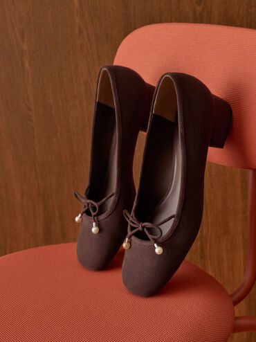 Barbara Faux Suede Pearl-Bow Ballet Pumps, Dark Brown Textured, hi-res