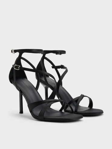 Satin Asymmetric Strappy Heeled Sandals, Black Textured, hi-res