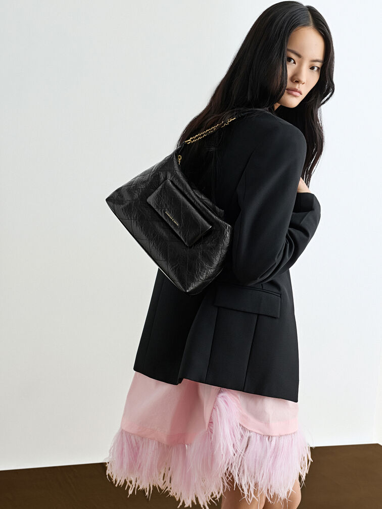 Duo Quilted Front-Pocket Hobo Bag, Black, hi-res