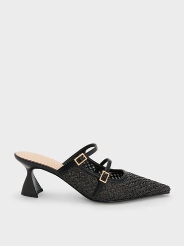 Sepatu Mules Pointed Sculptural-Heel Raffia, Black Textured, hi-res