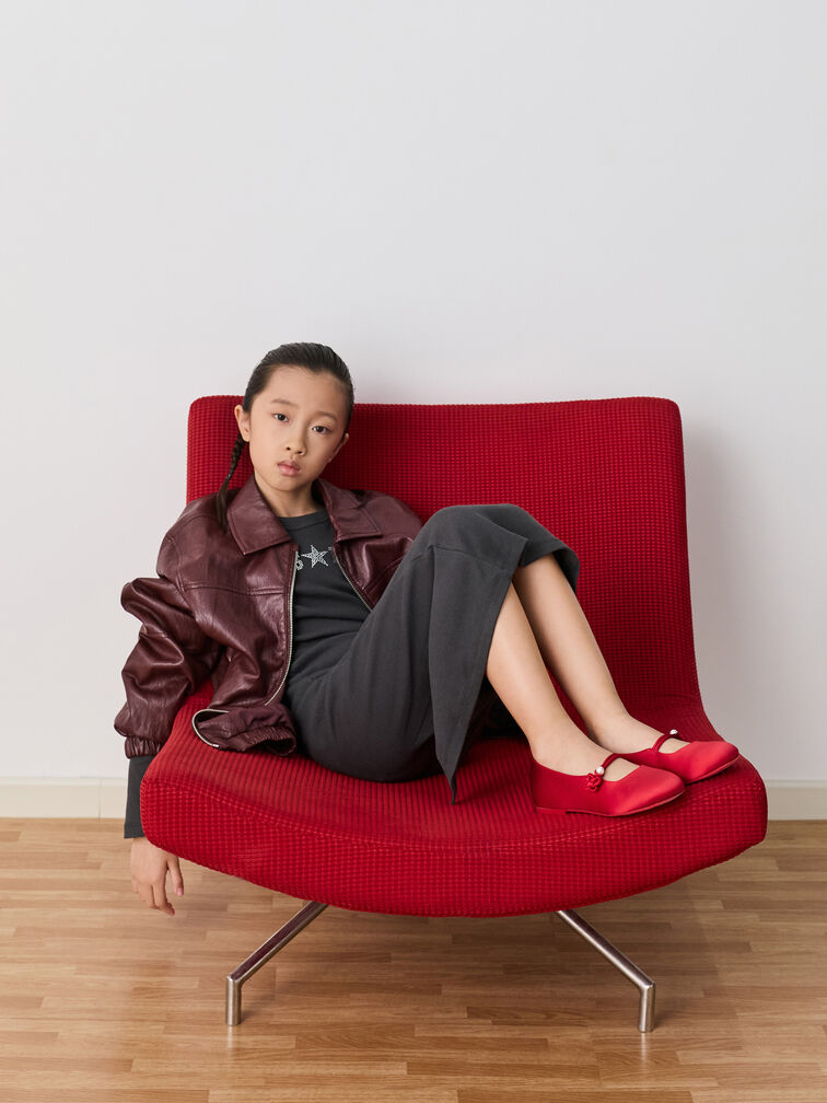 Sepatu Flats Mary Jane Knot-Pearl Orinda Girls, Red, hi-res