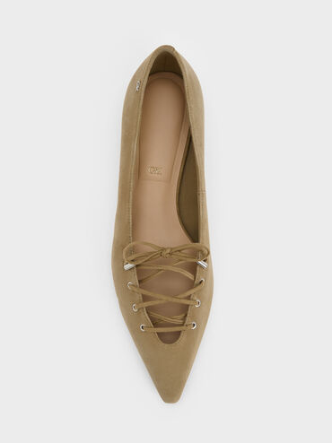 Sepatu Flats Lace-Tie Jianna Suede, Military Green, hi-res