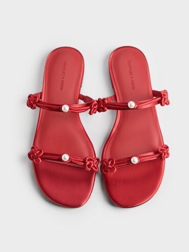 Orinda Knot-Pearl Slide Sandals, Red, hi-res