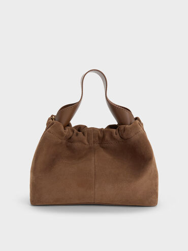 Ally Recycled Suede Ruched Slouchy Chain-Handle Bag, Mocha Brown, hi-res
