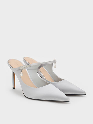 Sepatu Mules Buckle-Strap Teardrop-Crystal, Silver, hi-res