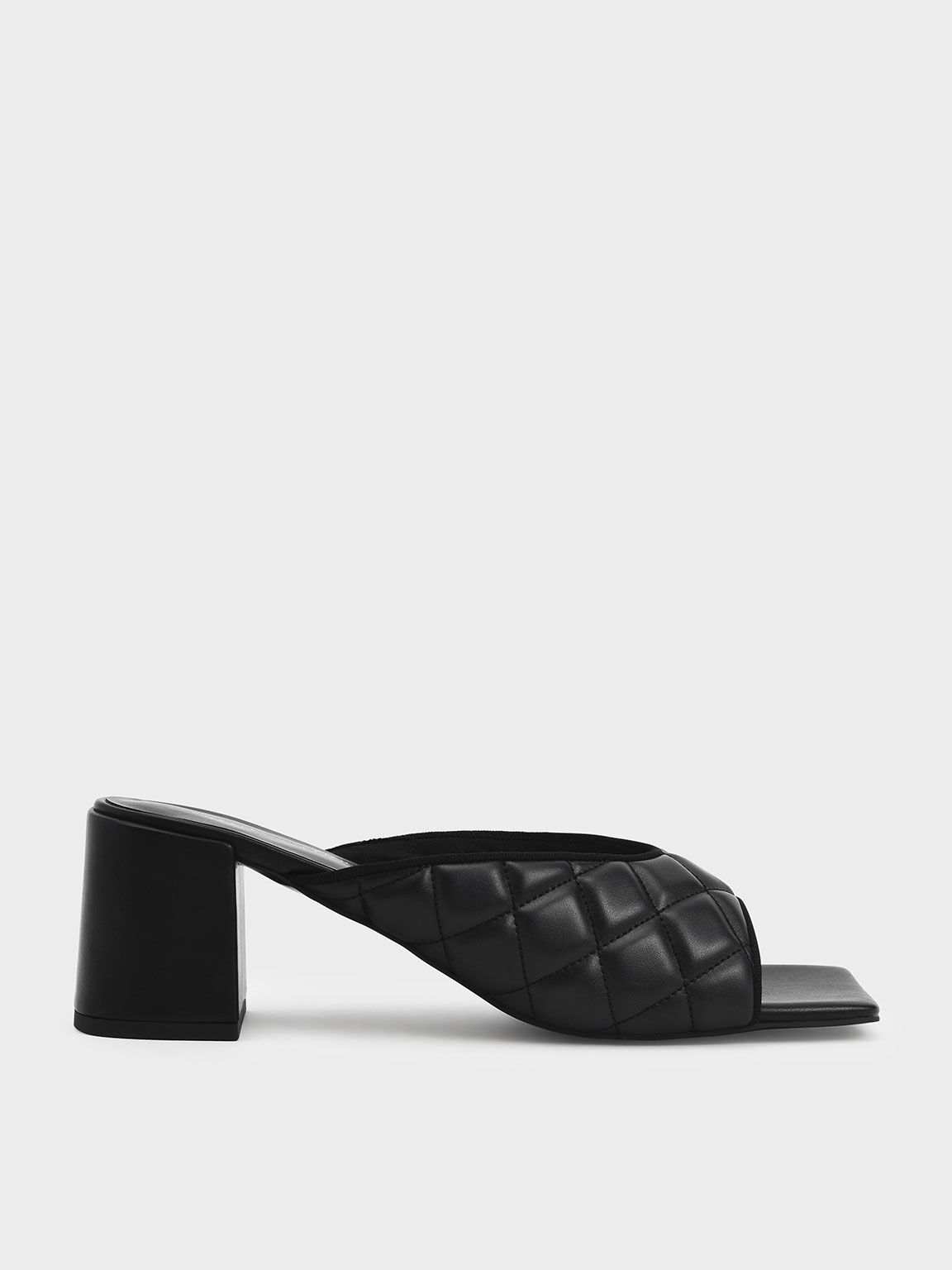 Sepatu Mules Square Toe Quilted, Black, hi-res