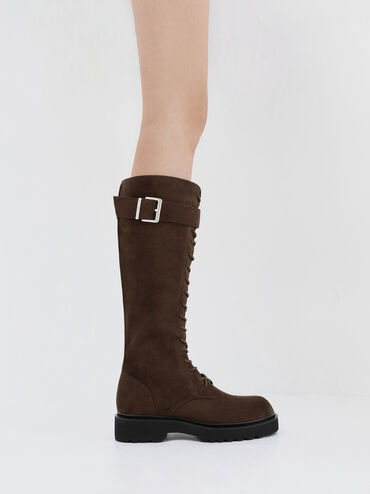 Sepatu Knee-High Boots Buckle-Strap Lace-Up Darian Faux Suede, Dark Brown Textured, hi-res