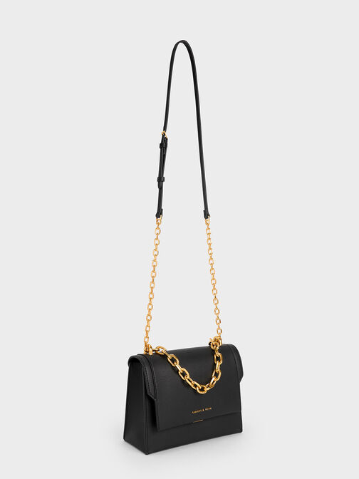 Front Flap Chain Handle Bag, Black, hi-res
