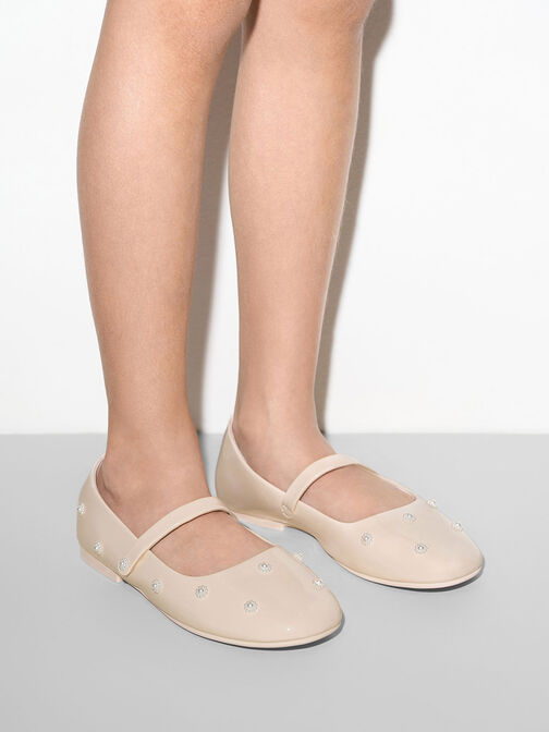 Sepatu Mary Janes Girls' Patent Flower-Beaded, Cream, hi-res