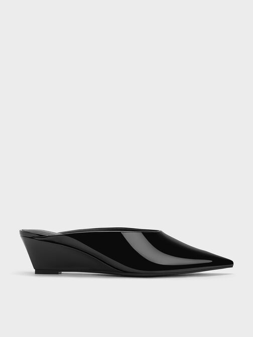 Sepatu Wedge Mules Patent Pointed-Toe, Black Patent, hi-res