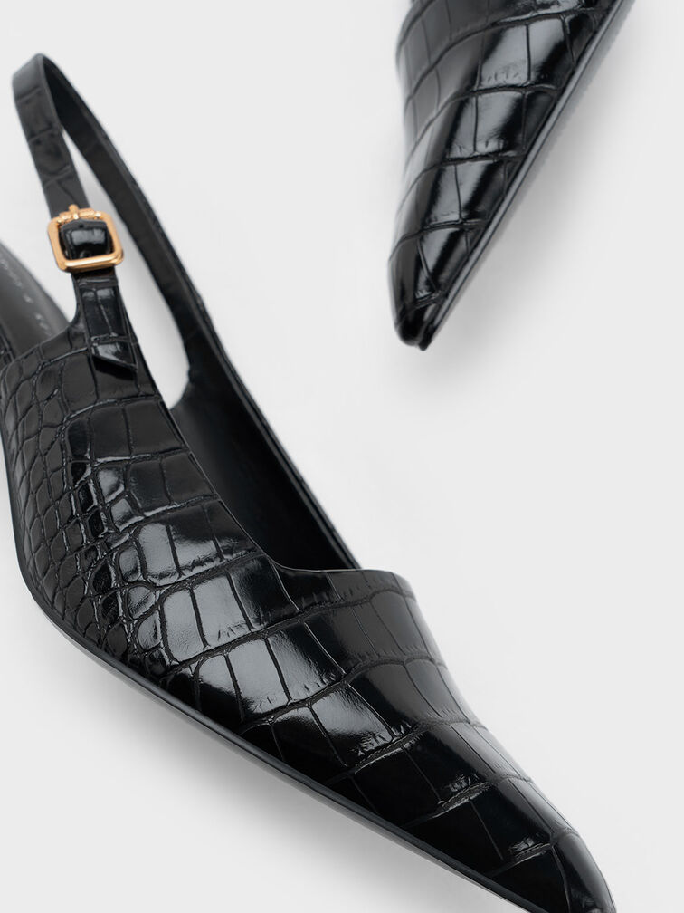 Sepatu Slingback Pumps Slant Heel Croc-Effect, Animal Print Black, hi-res
