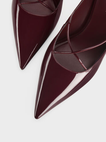 Sepatu Pumps Pointed Crossover Patent, Burgundy, hi-res