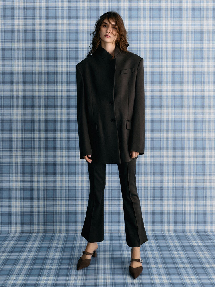 Sepatu Heeled Mules Metallic-Buckle Pointed-Toe Lando Faux Suede, Dark Brown Textured, hi-res