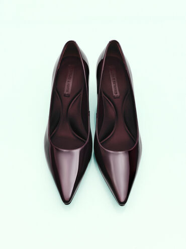 Emmy Patent Pointed Kitten Heel Pumps, Burgundy, hi-res