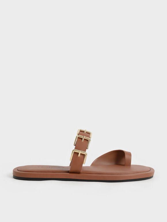Sandal Toe-Ring Buckled Leather, Brown, hi-res
